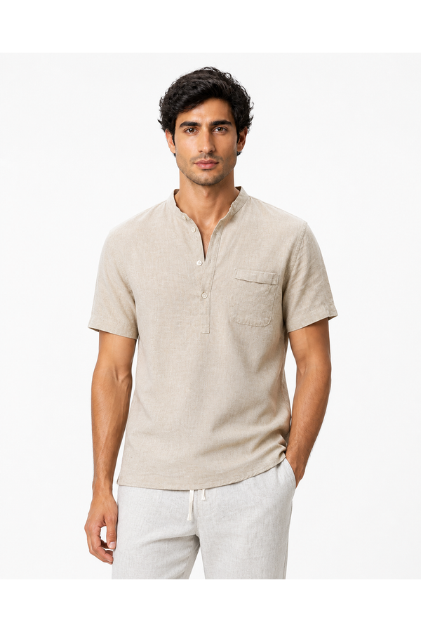 Theo | Casual Linen V-Neck Shirt - Beige - front - group 1