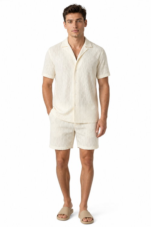 Men's Shorts Set Textured Fabric Camp Collar, Beige, front view
