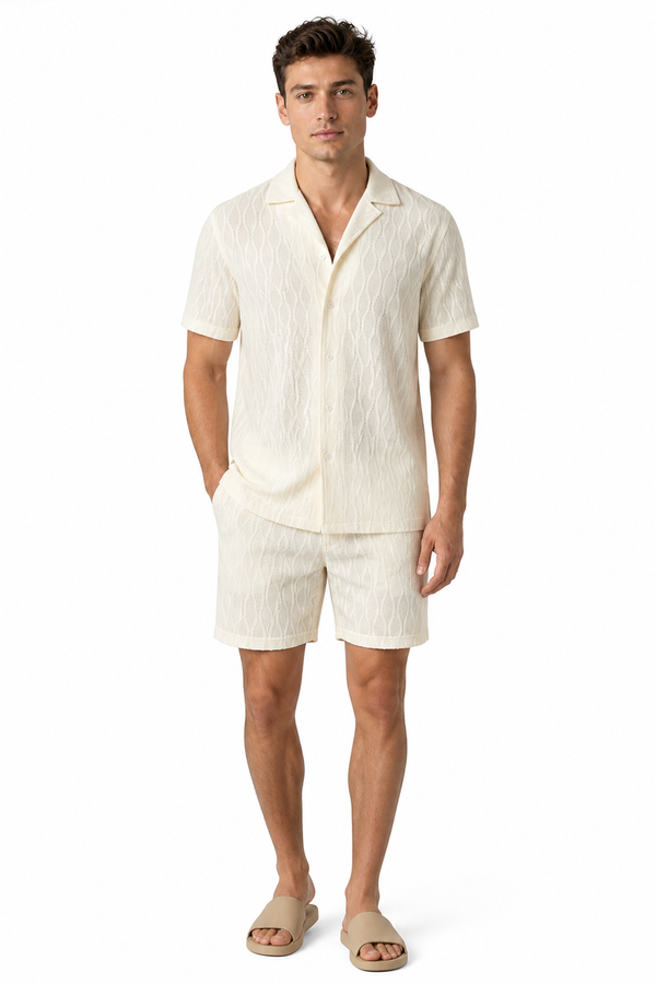 Men's Shorts Set Textured Fabric Camp Collar, Beige, front view