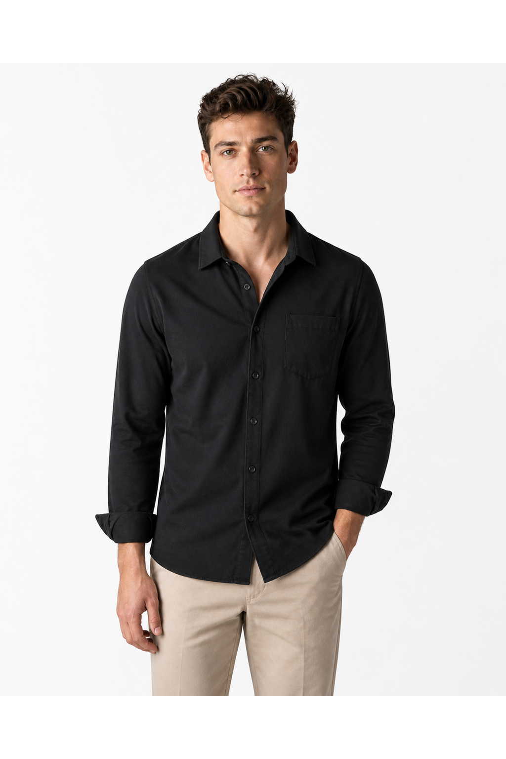 Frederick | Versatile Open-Collar Shirt - Black Twill - front - group 1