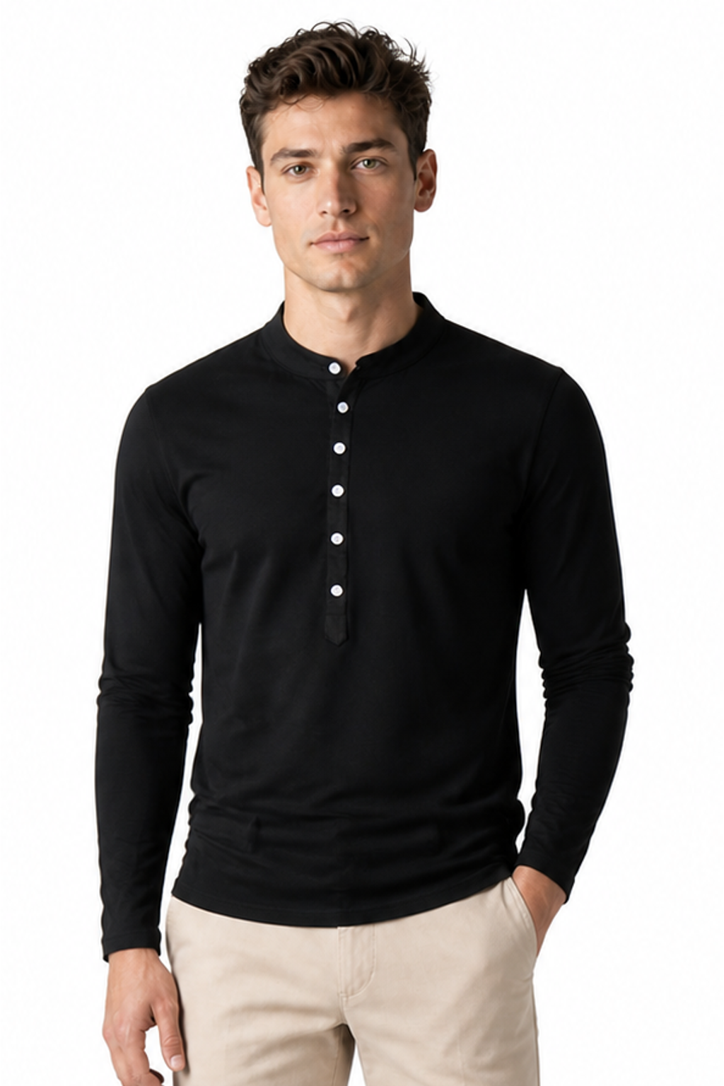 Men's Henley Shirt Layered Look Long Sleeves, Black, front view
