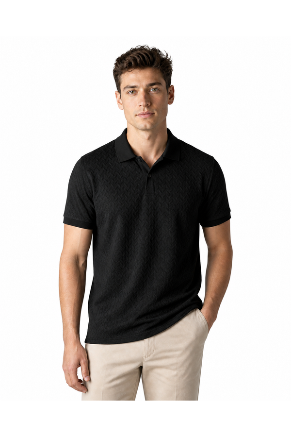 James | Textured Button Polo Shirt - Black - front - group 1