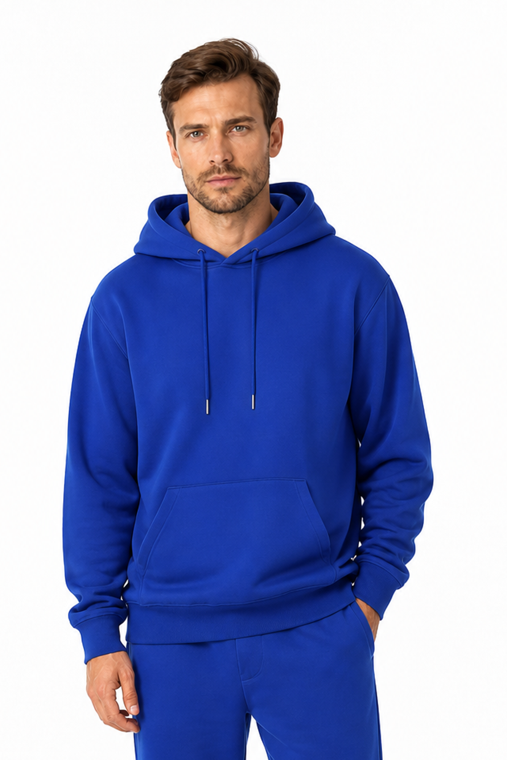 Men's Pullover Hoodie Solid Color Relaxed Fit, Blue, front view