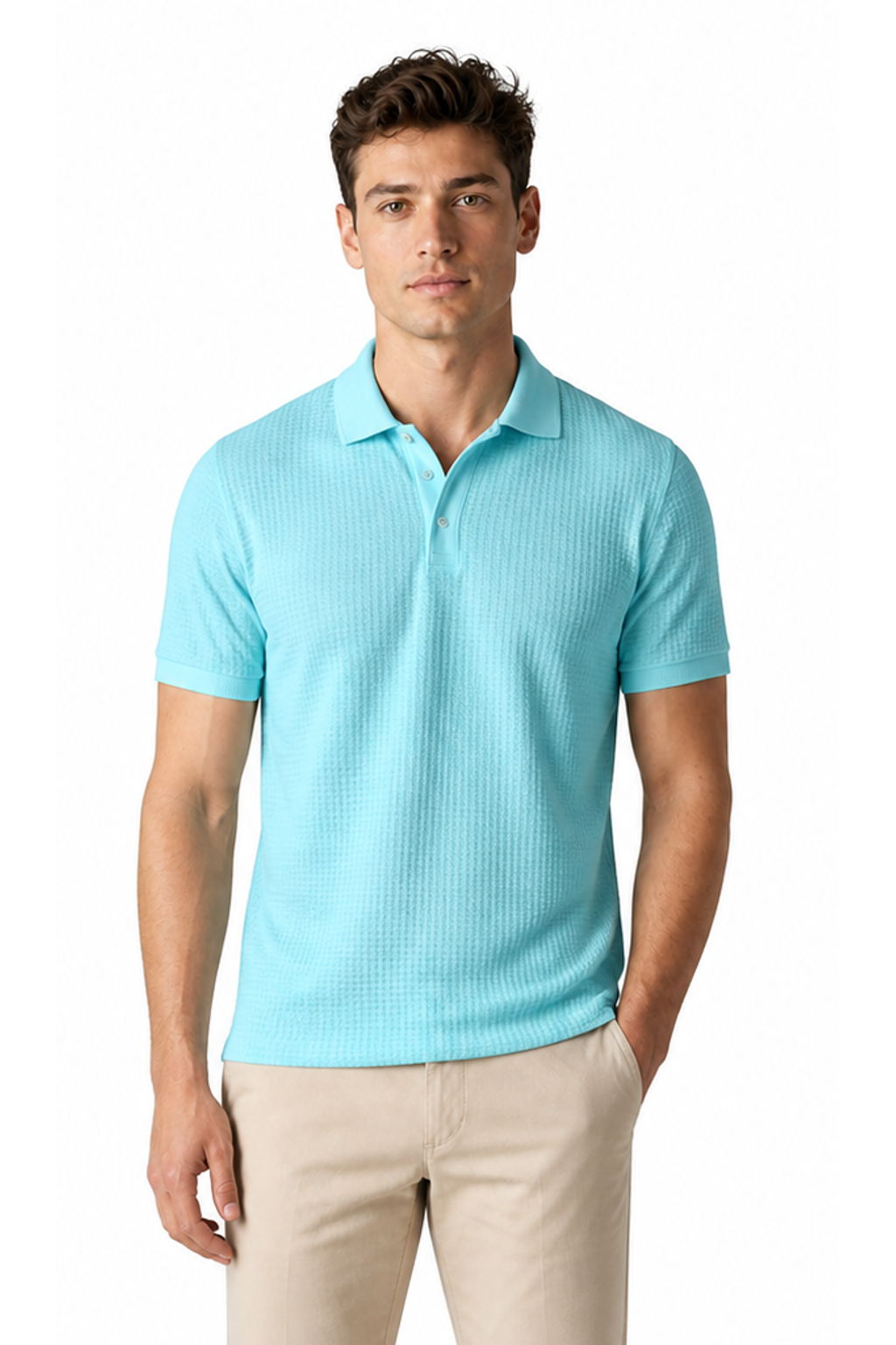 Ethan Textured Waffle Polo Shirt - Blue - front