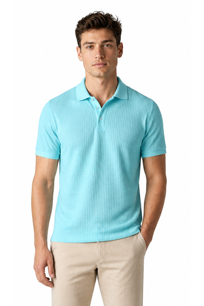 Ethan Textured Waffle Polo Shirt - Blue - front