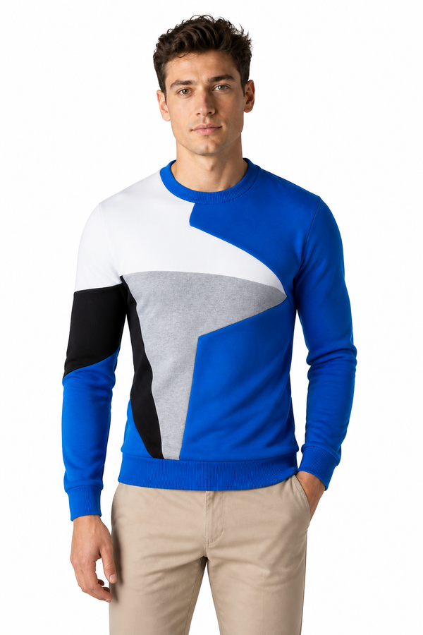 Men's Sweater Colorblock Design Crew Neck, Blue, front view