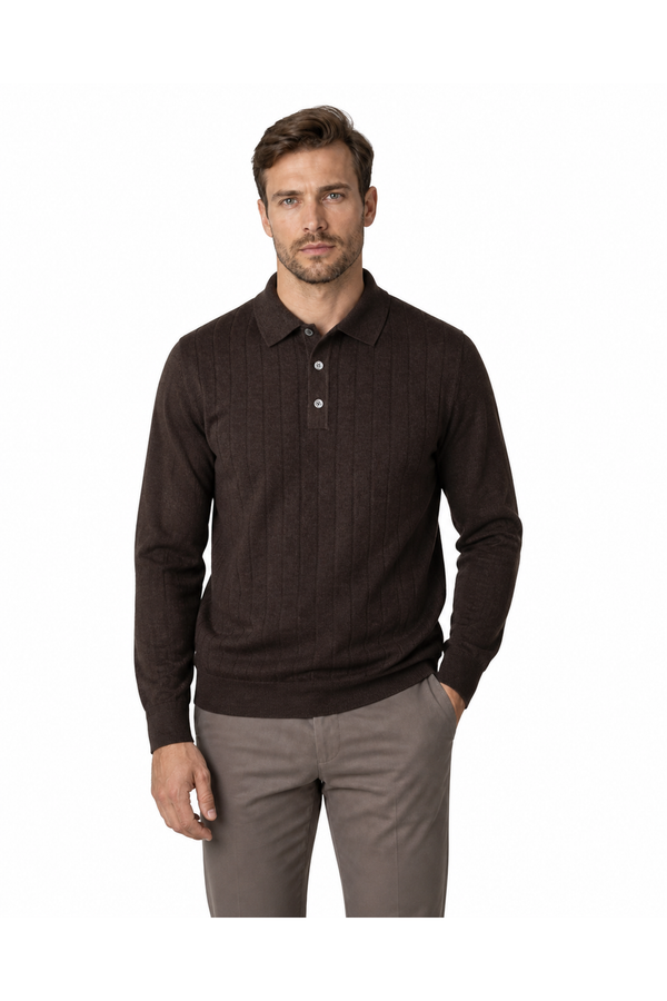 Dominic | Retro Chenille Polo Sweater - Brown - front - group 1