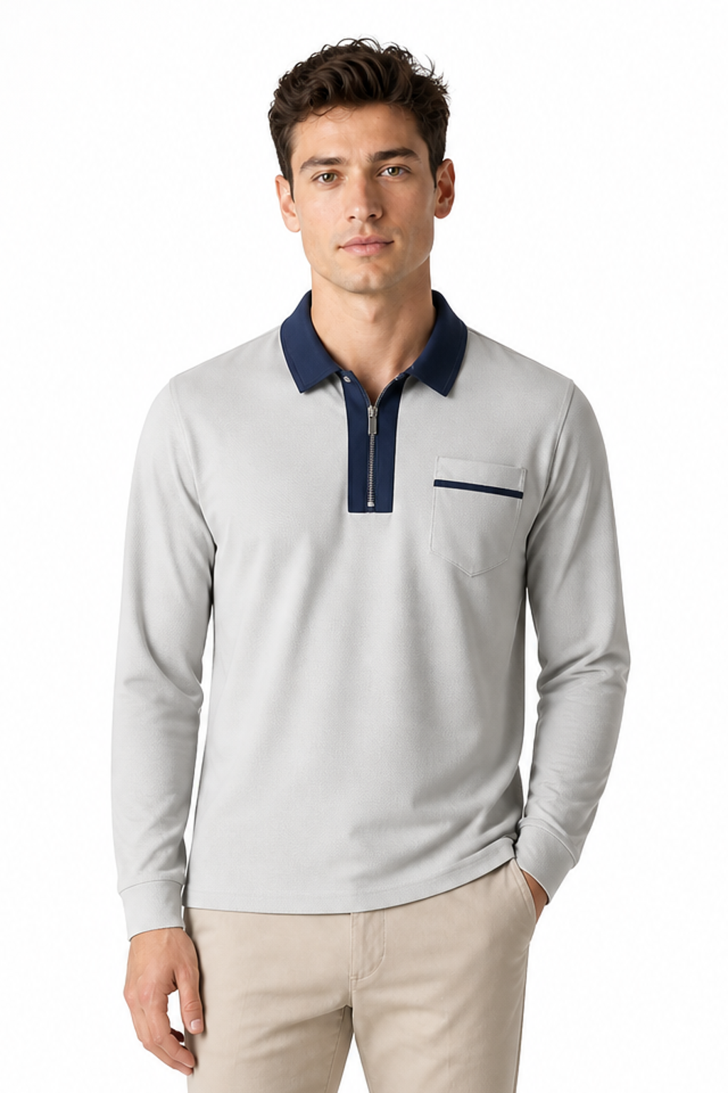 Men's Polo Shirt Contrast Collar Full Zip, Gray With Navy Blue, front view