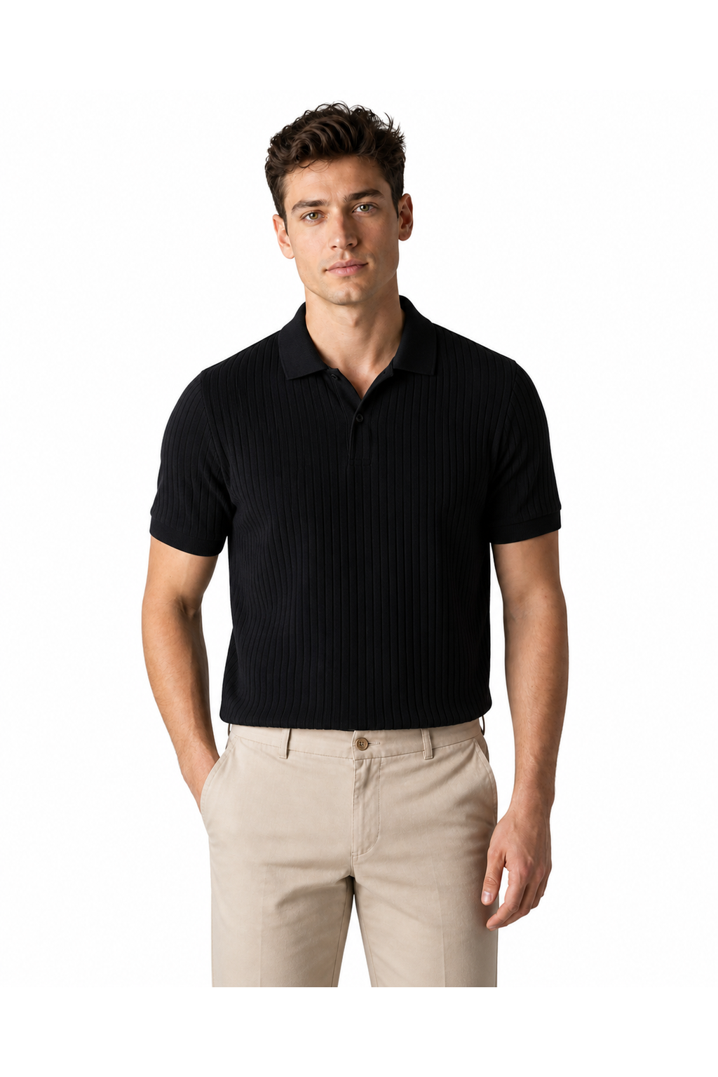 Evan | Textured Knit Polo Shirt - K02 Black - front - group 1