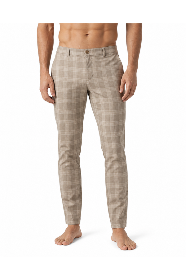 Miles | Slim Plaid Casual Trousers - Khaki - front - group 1