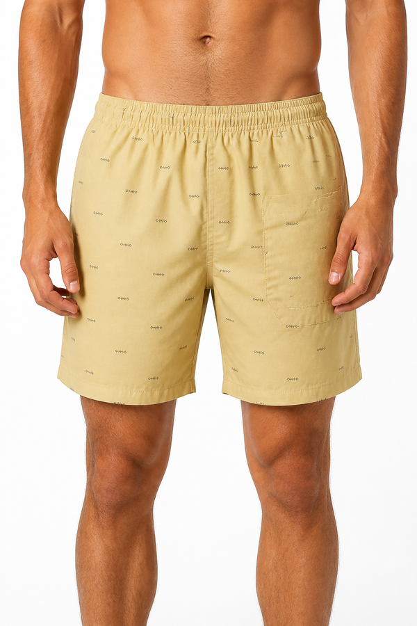Men's Beach Shorts Printed Design Drawstring Waist, Khaki, front view