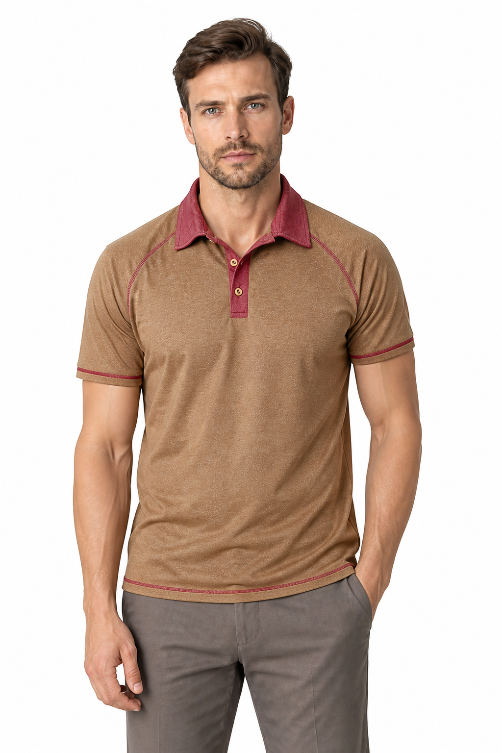 Men's Polo Shirt Contrast Stitching Short Sleeves, Khaki, front view