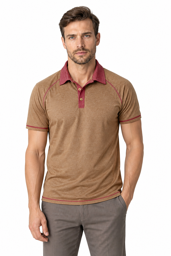 Men's Polo Shirt Contrast Stitching Short Sleeves, Khaki, front view