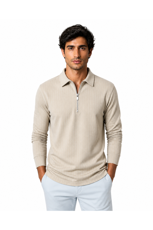 Henry | Striped Half-Zip Polo Sweater - Khaki - front - group 1