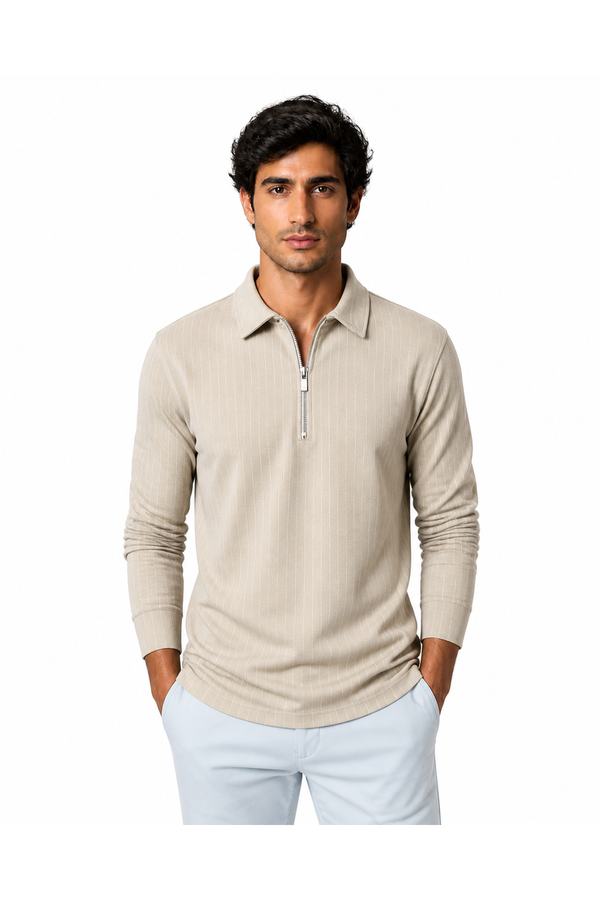 Henry | Striped Half-Zip Polo Sweater - Khaki - front - group 1