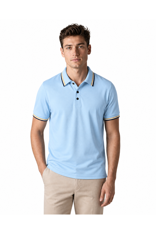 Isaac | Ribbed Stripe Polo Shirt - Light Blue - front - group 1