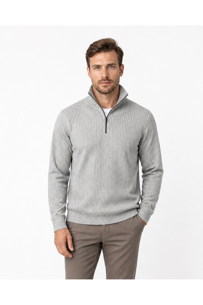 Aiden | Striped Half-Zip Polo Sweater - Light Grey - front - group 1