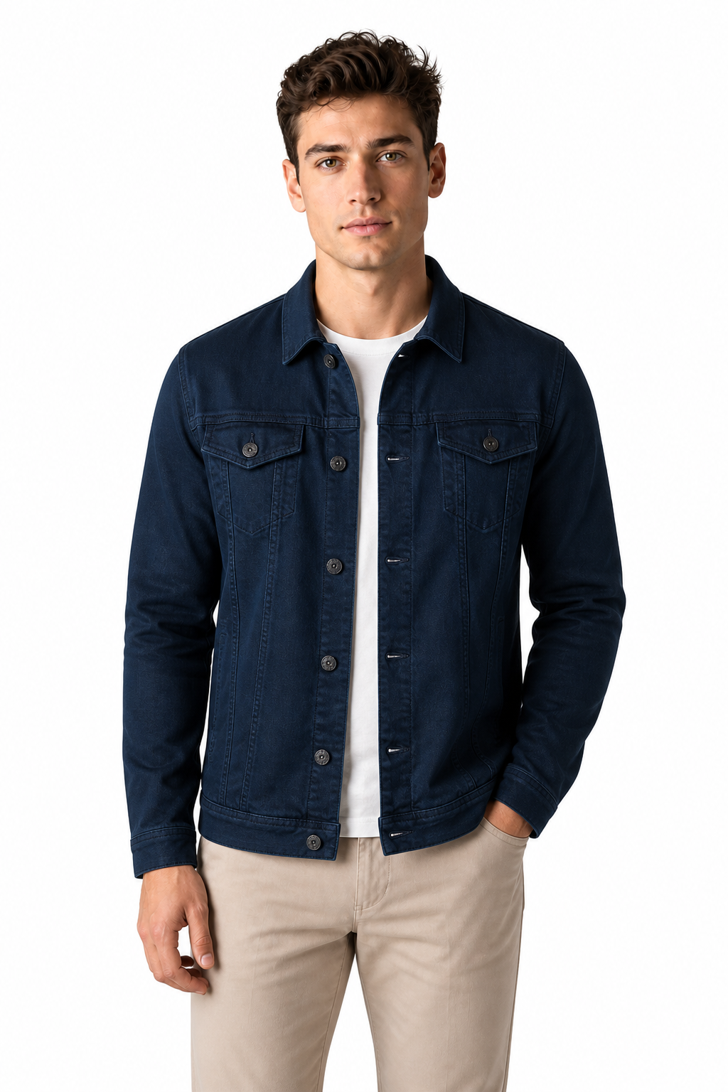 Men's Trucker Jacket Classic Denim Button Front, Navy blue, front view