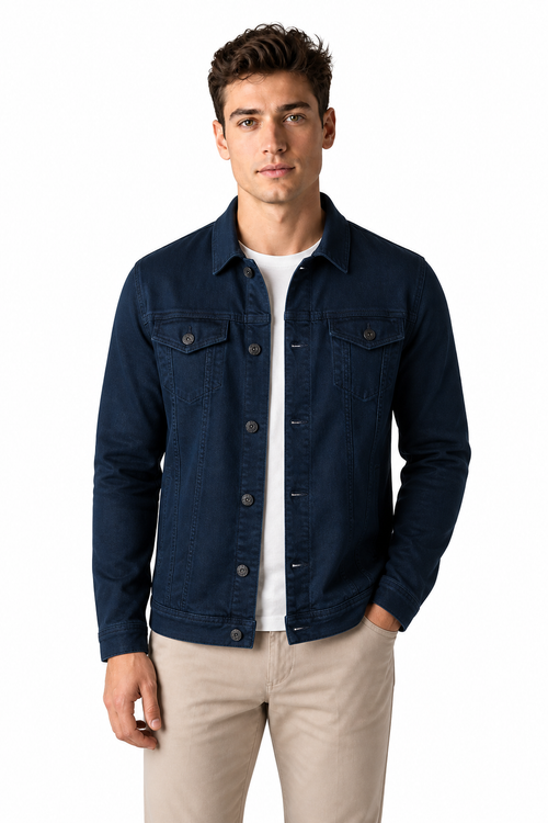Men's Trucker Jacket Classic Denim Button Front, Navy blue, front view