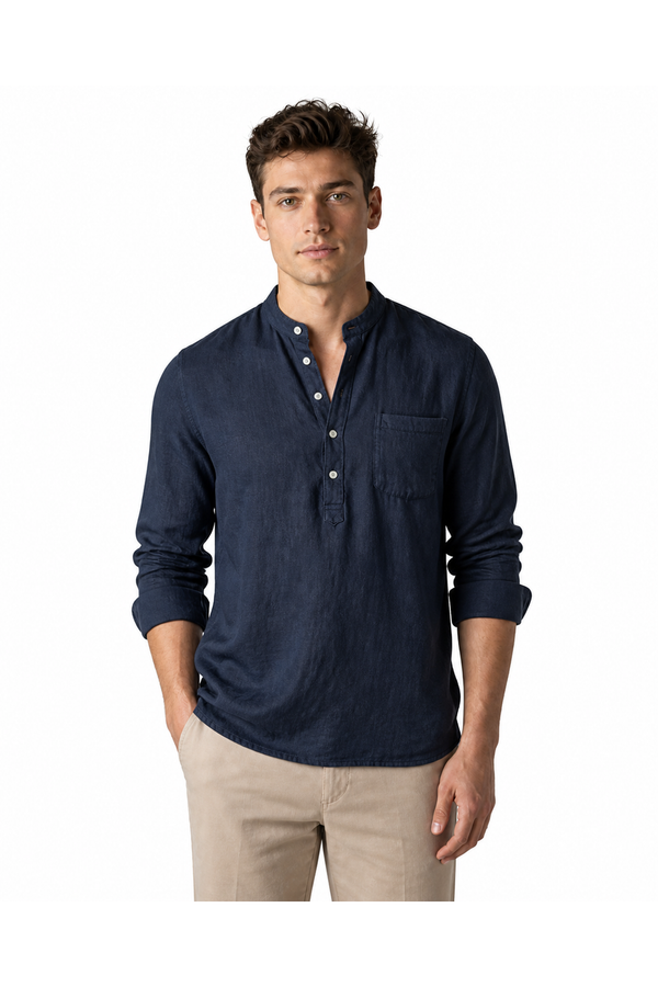 Vincent | Vintage Linen Henley Shirt - Navy Blue - front - group 1