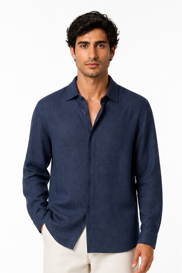 Men's Button-Up Shirt Relaxed Fit Long Sleeves, Navy Blue, front view