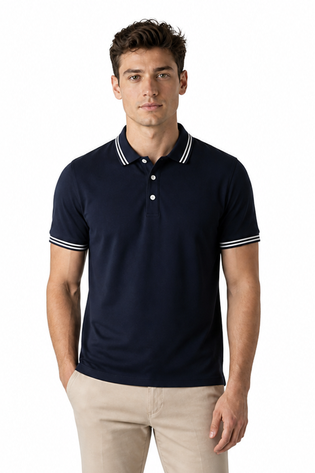 Men's Polo Shirt Contrast Trim Short Sleeves, Navy, front view