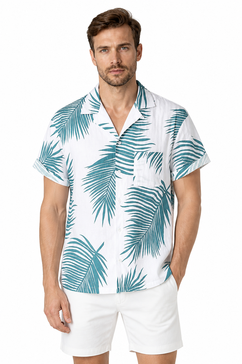 Men's Camp-Collar Shirt Tropical Print Relaxed Fit, OFSX00667, front view