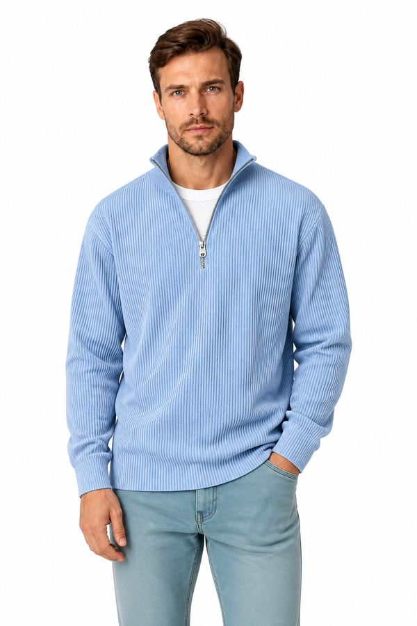 Men's Sweatshirt Corduroy Texture Quarter Zip, Sky Blue, front view