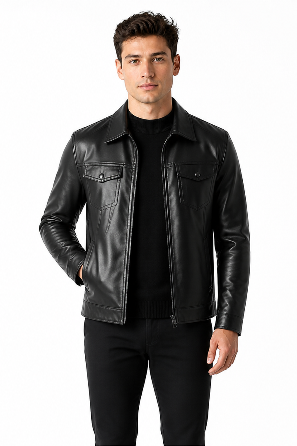 Men's Jacket Quilted Finish Faux Leather, Spring And Autumn, front view