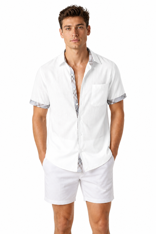 Men's Shirt Plaid Trim Short Sleeves, White Plaid, front view