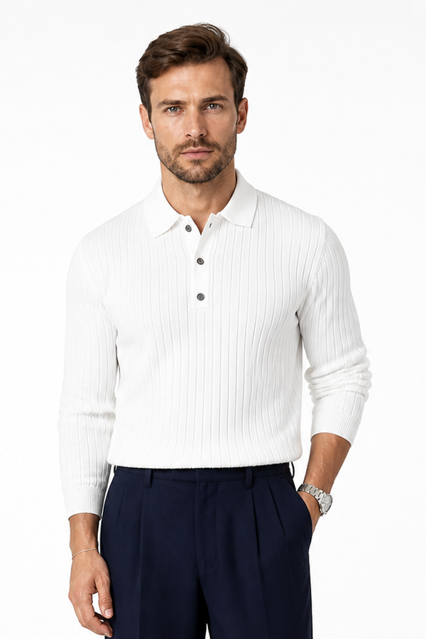Men's Knit Polo Ribbed Texture Long Sleeves, White, front view