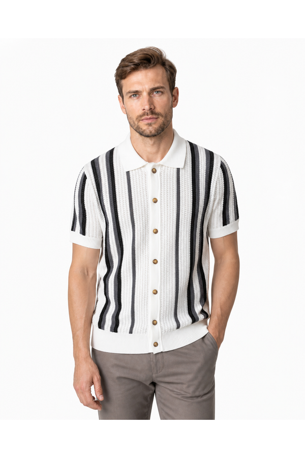 Elliot | Striped Knit Button Polo - White - front - group 1