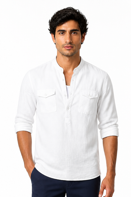 Men's Band-Collar Shirt Cotton-Linen Blend Long Sleeves, White, front view
