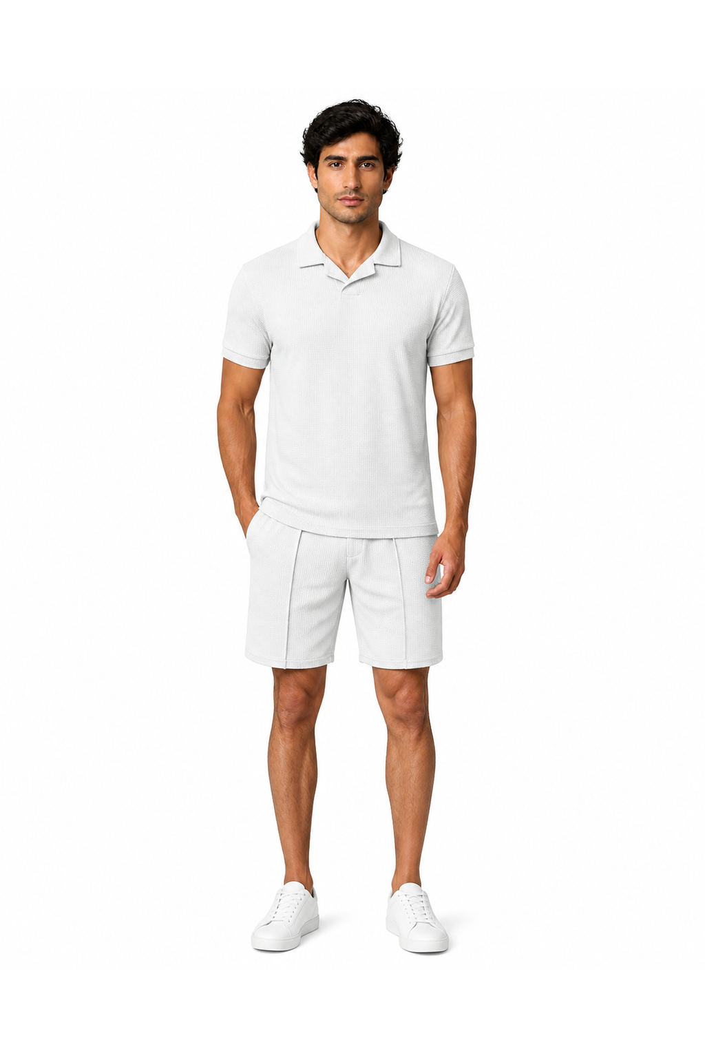 Liam | Waffle-Knit Polo Shorts Set - White - front - group 1