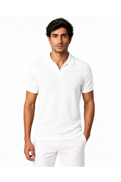 Marcus | Vertical-Rib V-Neck Polo - White - front - group 1