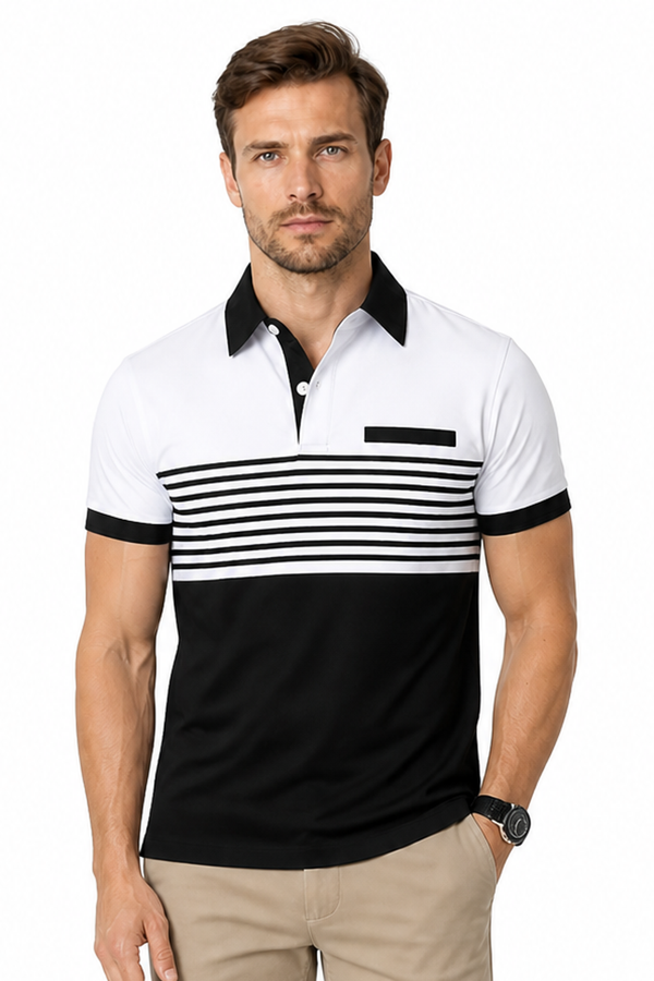 Men's Polo Shirt Striped Design Chest Pocket, White, front view