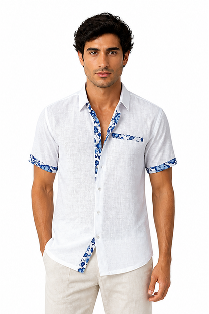 Men's Vacation Shirt Floral Trim Relaxed Fit, White, front view