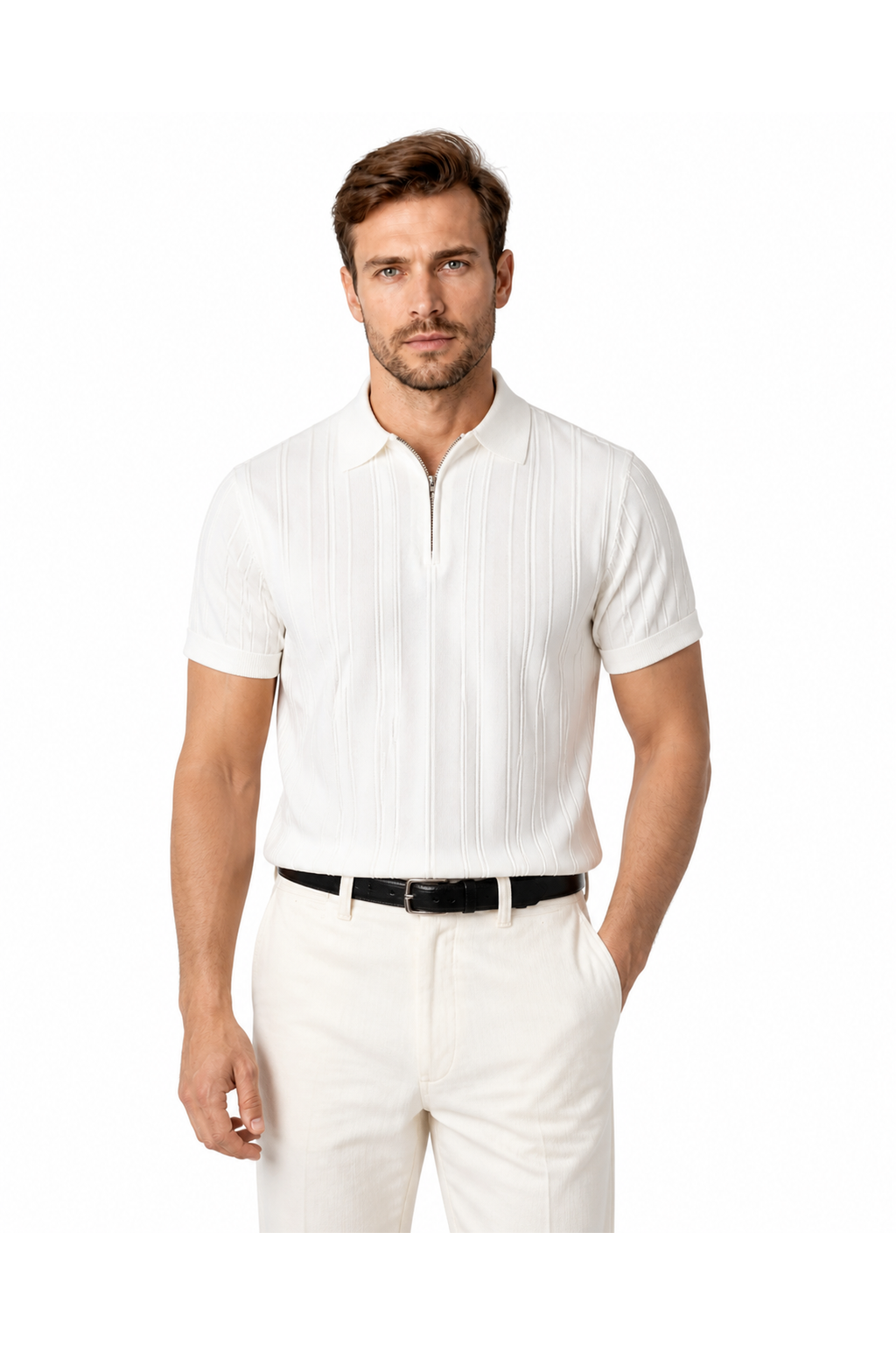 Finn | Ribbed Zip-Neck Polo Shirt - White - front - group 1