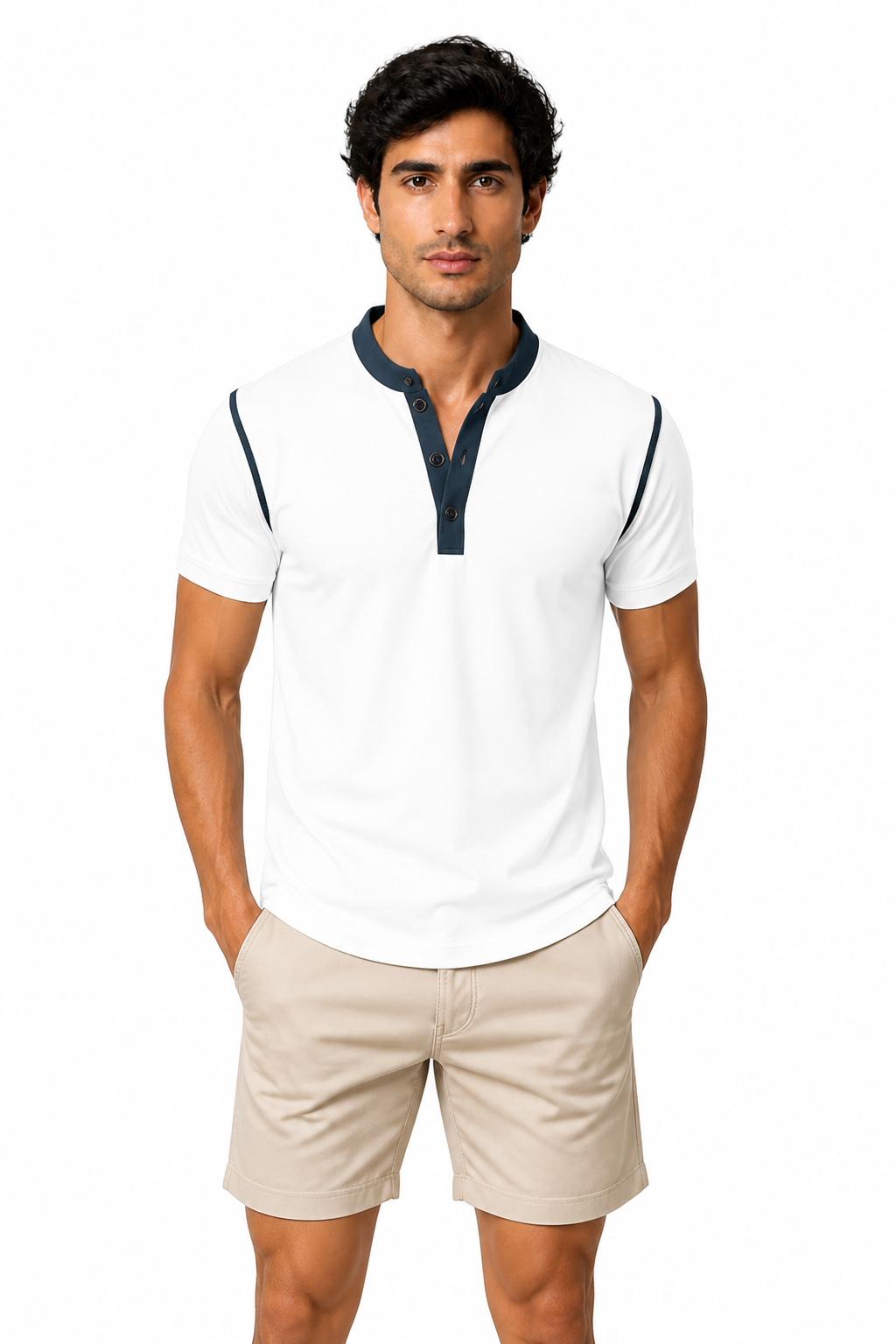 Men's Henley Shirt Contrast Trim Short Sleeves, White, front view