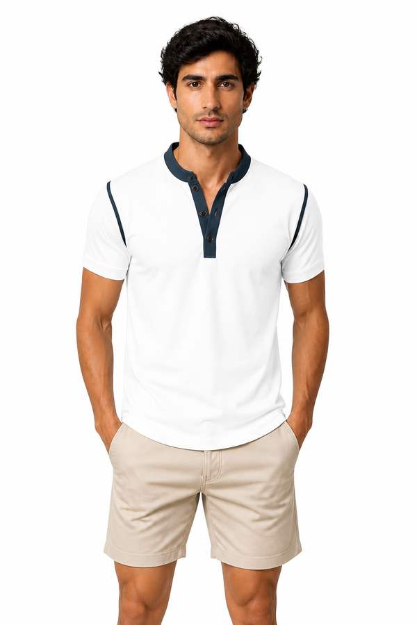 Men's Henley Shirt Contrast Trim Short Sleeves, White, front view