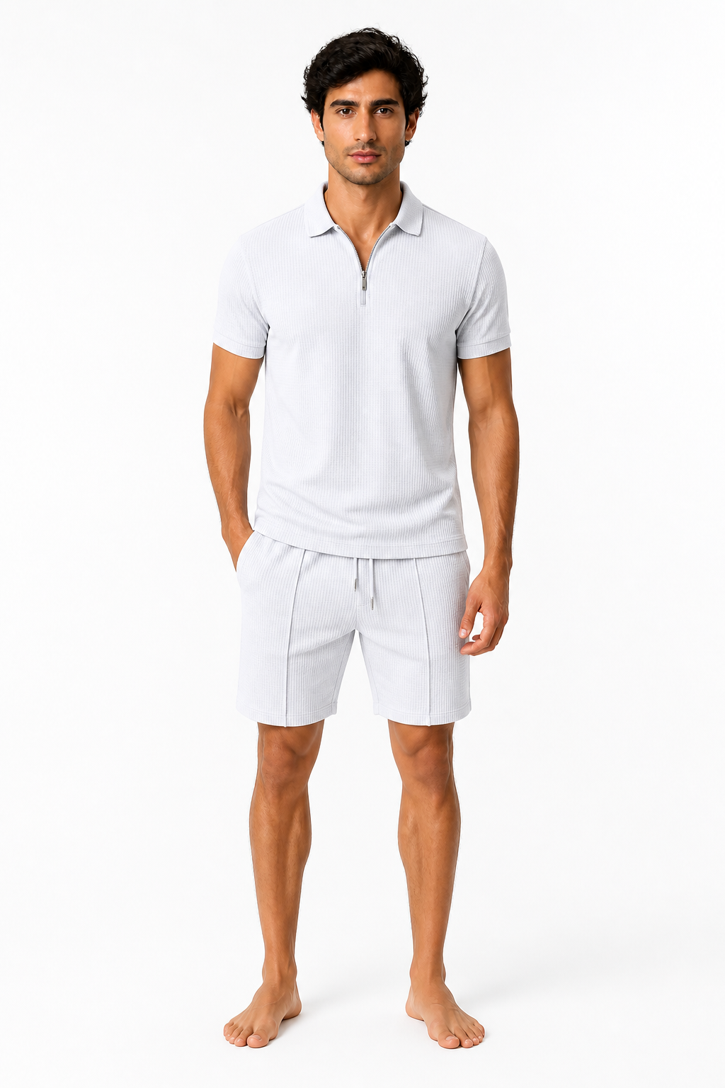 Men's Polo Shorts Set Waffle Knit Half Zip, White, front view