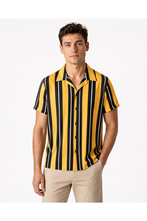 Warren | Retro Striped Camp-Collar Shirt - Yellow - front - group 1