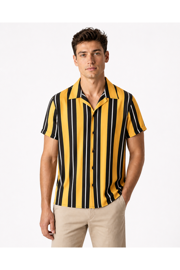 Warren | Retro Striped Camp-Collar Shirt - Yellow - front - group 1
