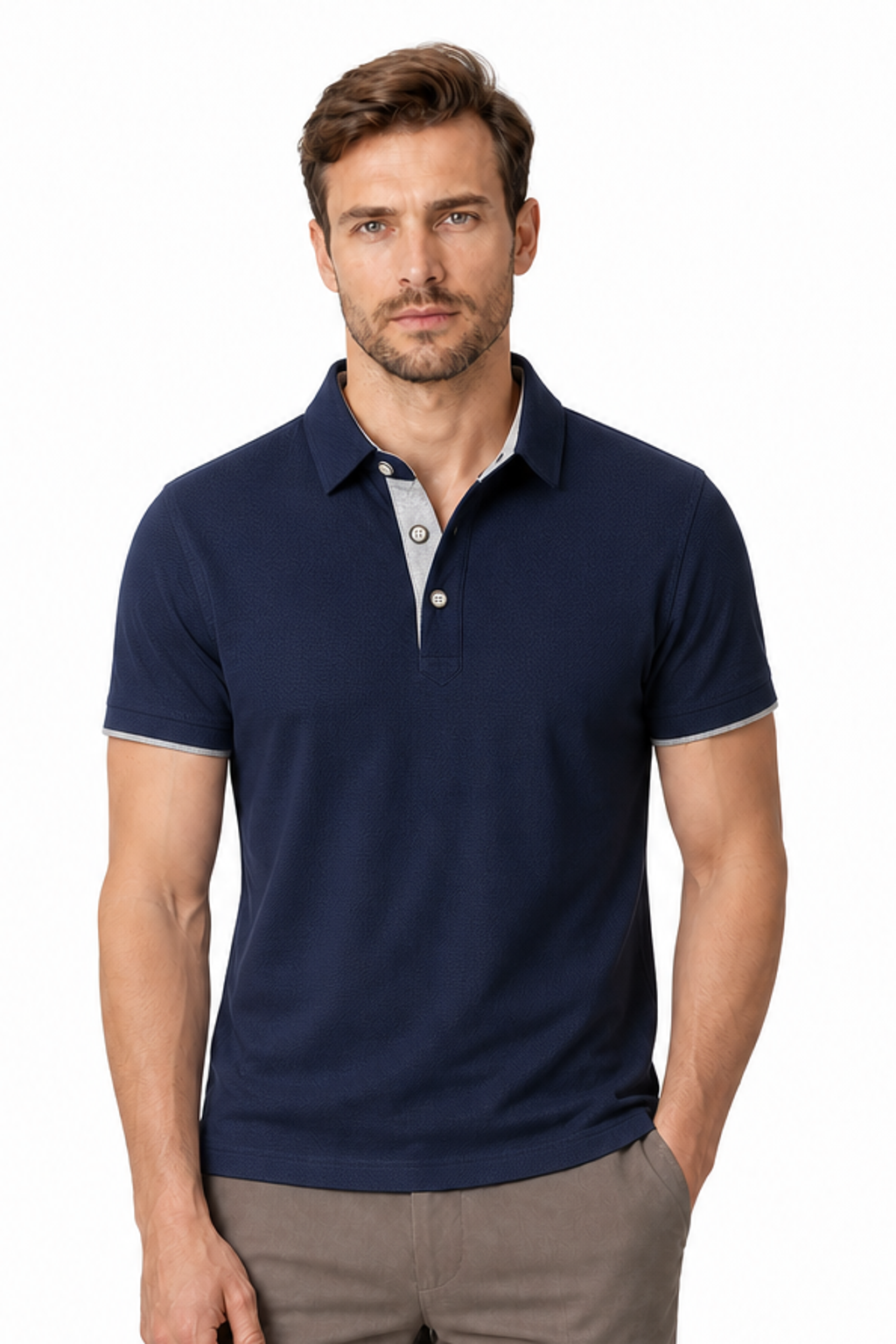 Men's Polo Shirt Contrast Trim Button Collar, Navy and grey, side view
