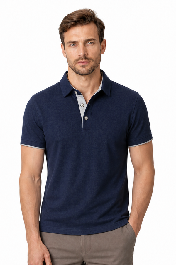 Men's Polo Shirt Contrast Trim Button Collar, Navy and grey, side view