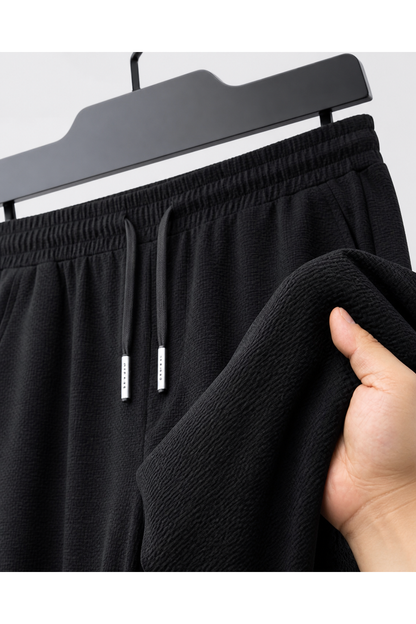 Men's Trousers Lightweight Fabric Drawstring Waist, Black, fabric close-up