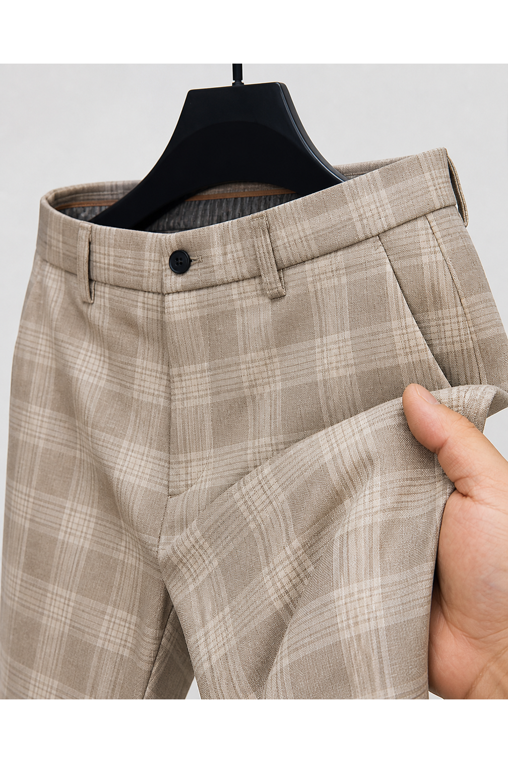 Miles | Slim Plaid Casual Trousers - Khaki - fabric detail