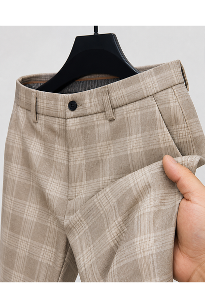 Miles | Slim Plaid Casual Trousers - Khaki - fabric detail