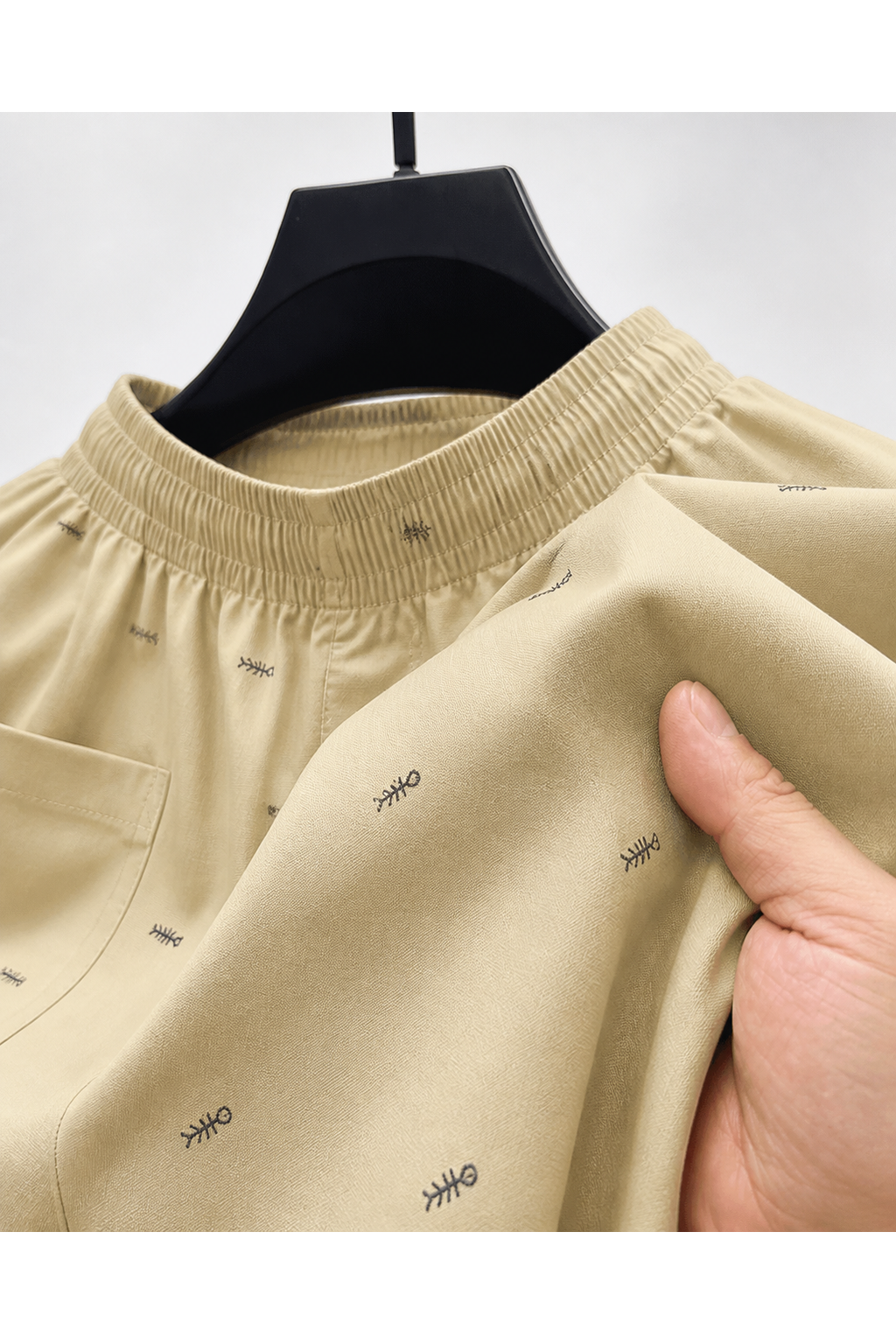 Men's Beach Shorts Printed Design Drawstring Waist, Khaki, fabric close-up