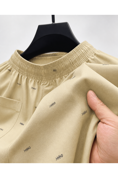 Men's Beach Shorts Printed Design Drawstring Waist, Khaki, fabric close-up
